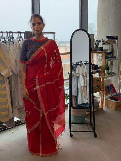 Red Hand Embroidered Dandelion Saree