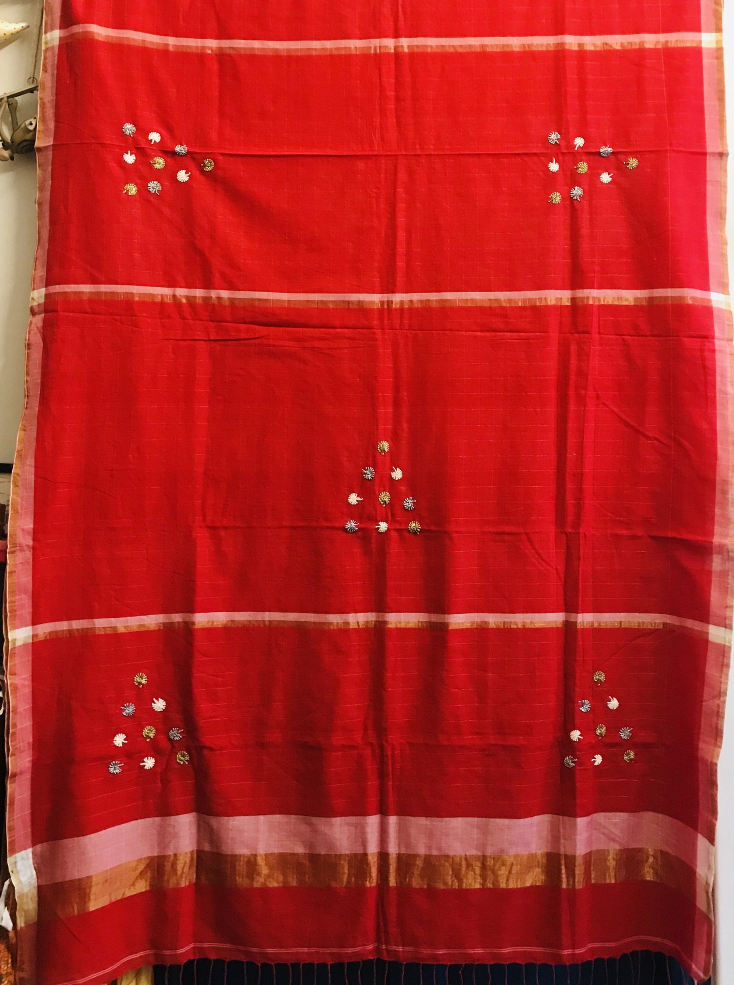 Red Hand Embroidered Dandelion Saree