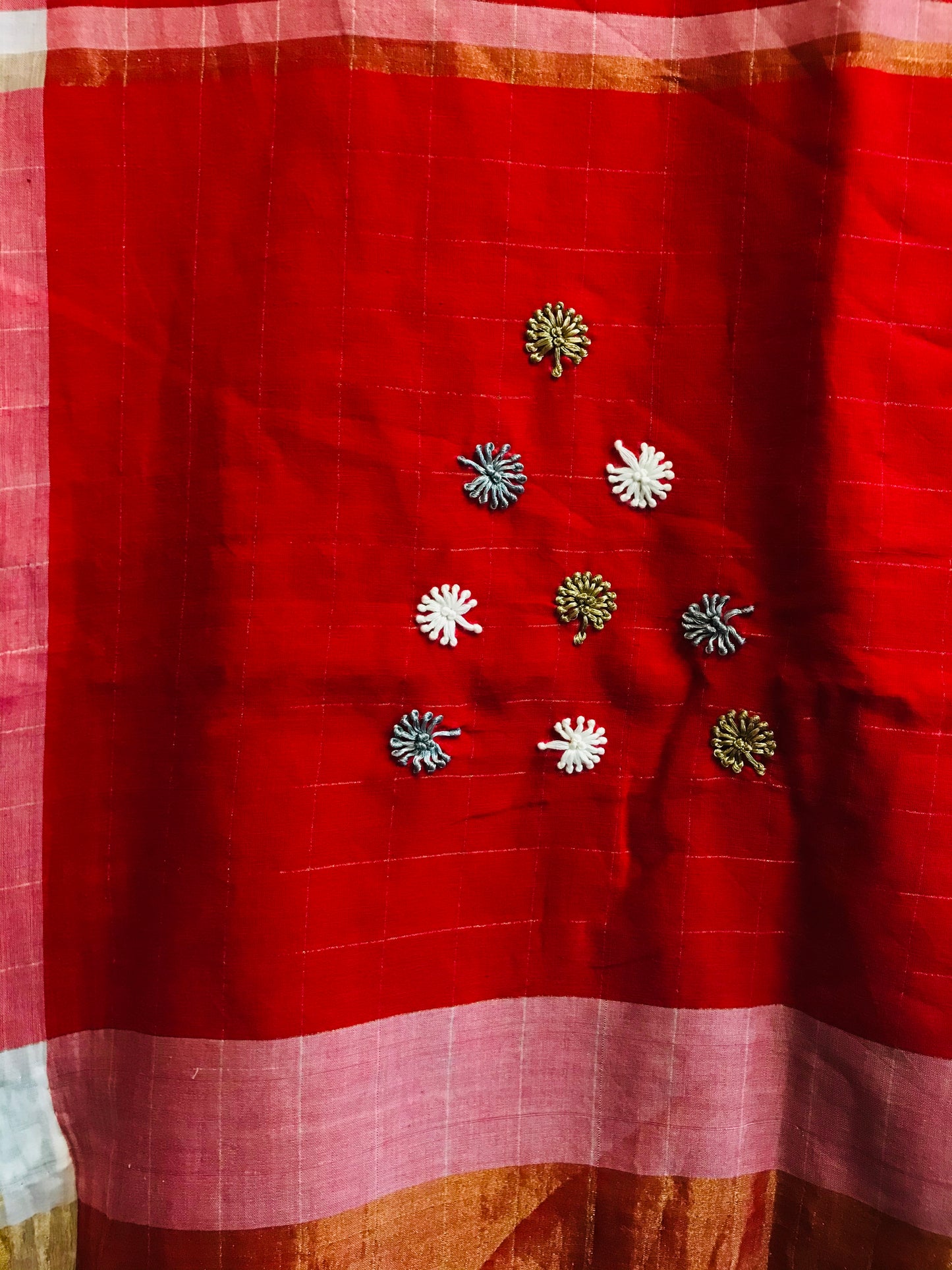 Red Hand Embroidered Dandelion Saree