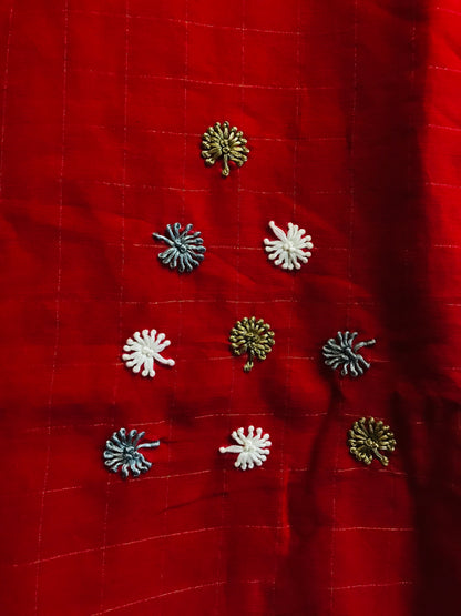 Red Hand Embroidered Dandelion Saree