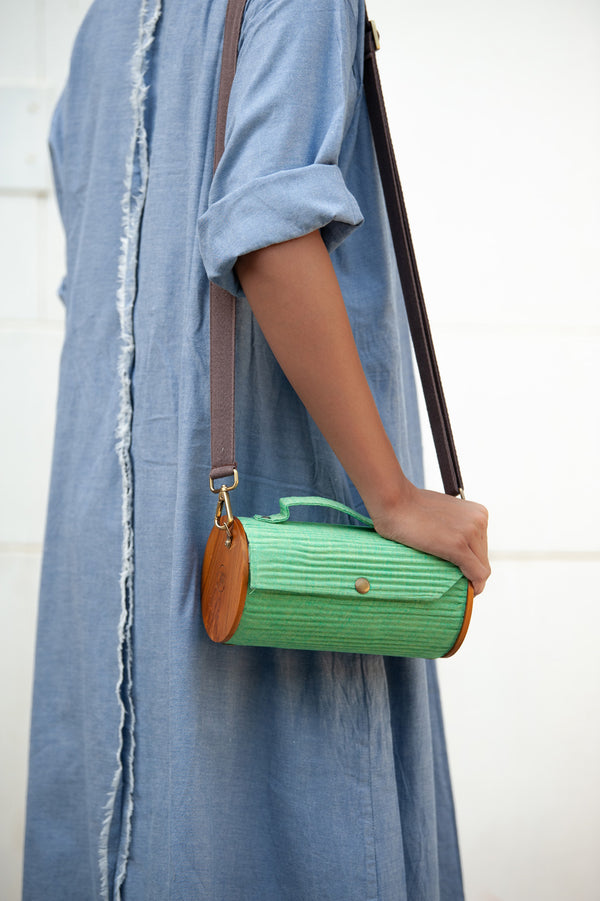 Round Sling Bag With Changeable Sleeve (Sky Blue Lines & Solid Sea Green)