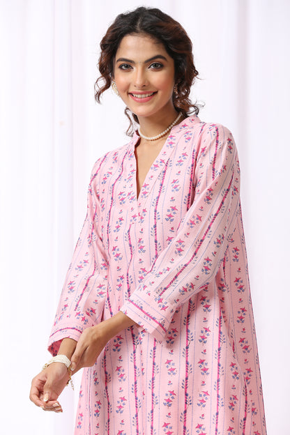 Pink  Base Chanderi Hand Block Printed Kurta Set Of-2