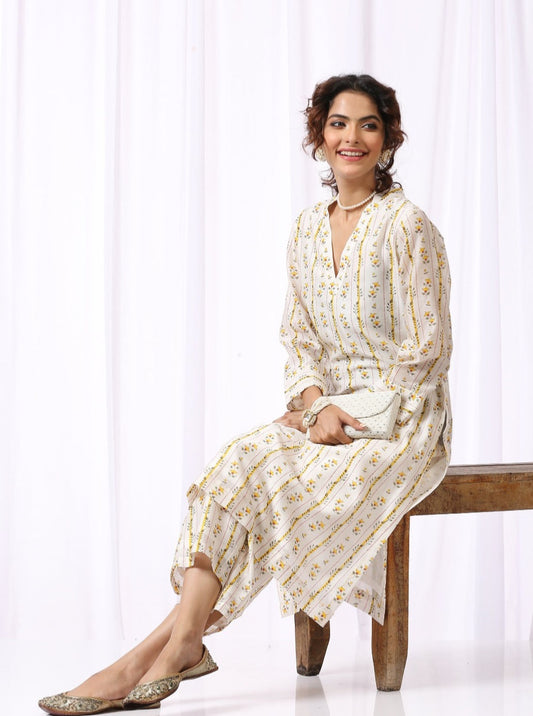 White Base Chanderi Hand Block Printed Kurta Set Of-2