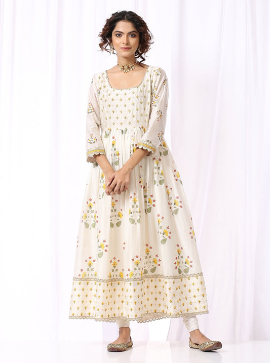 White Base Chanderi Hand Block Printed Anarkali Suit Set Of -2