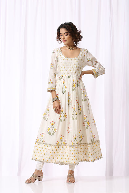 White Base Chanderi Hand Block Printed Anarkali Suit Set Of -2