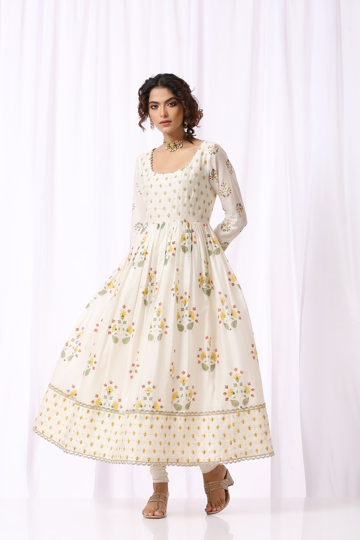 White Base Chanderi Hand Block Printed Anarkali Suit Set Of -2