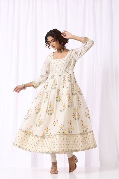 White Base Chanderi Hand Block Printed Anarkali Suit Set Of -2