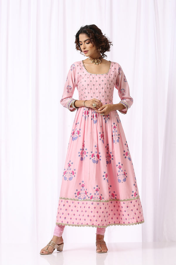 Pink Base Chanderi Hand Block Printed Anarkali Suit Set Of -2
