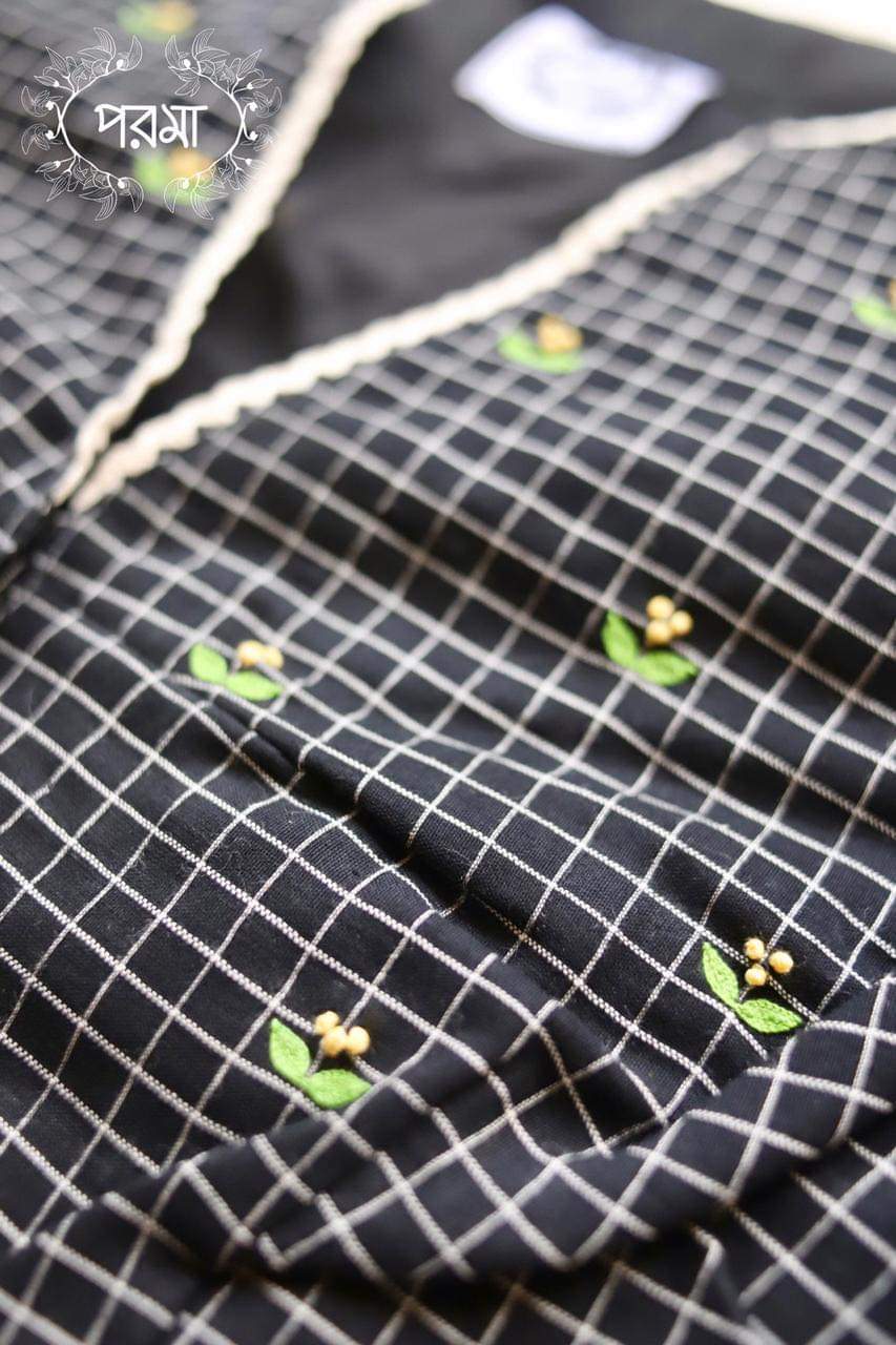 Black Check Jamdani French Knot