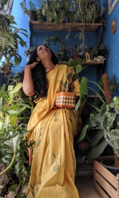 Yellow Jamdani Cactus Saree