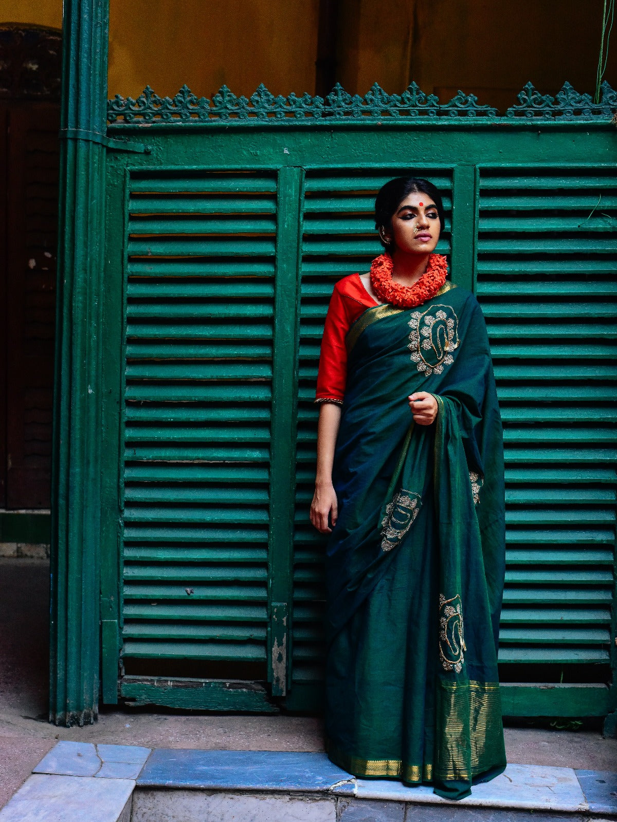 Green Cotton Mangalgiri with Necklace