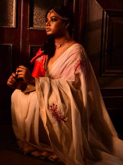 White Cotton Mangalgiri with Hibiscus Crown