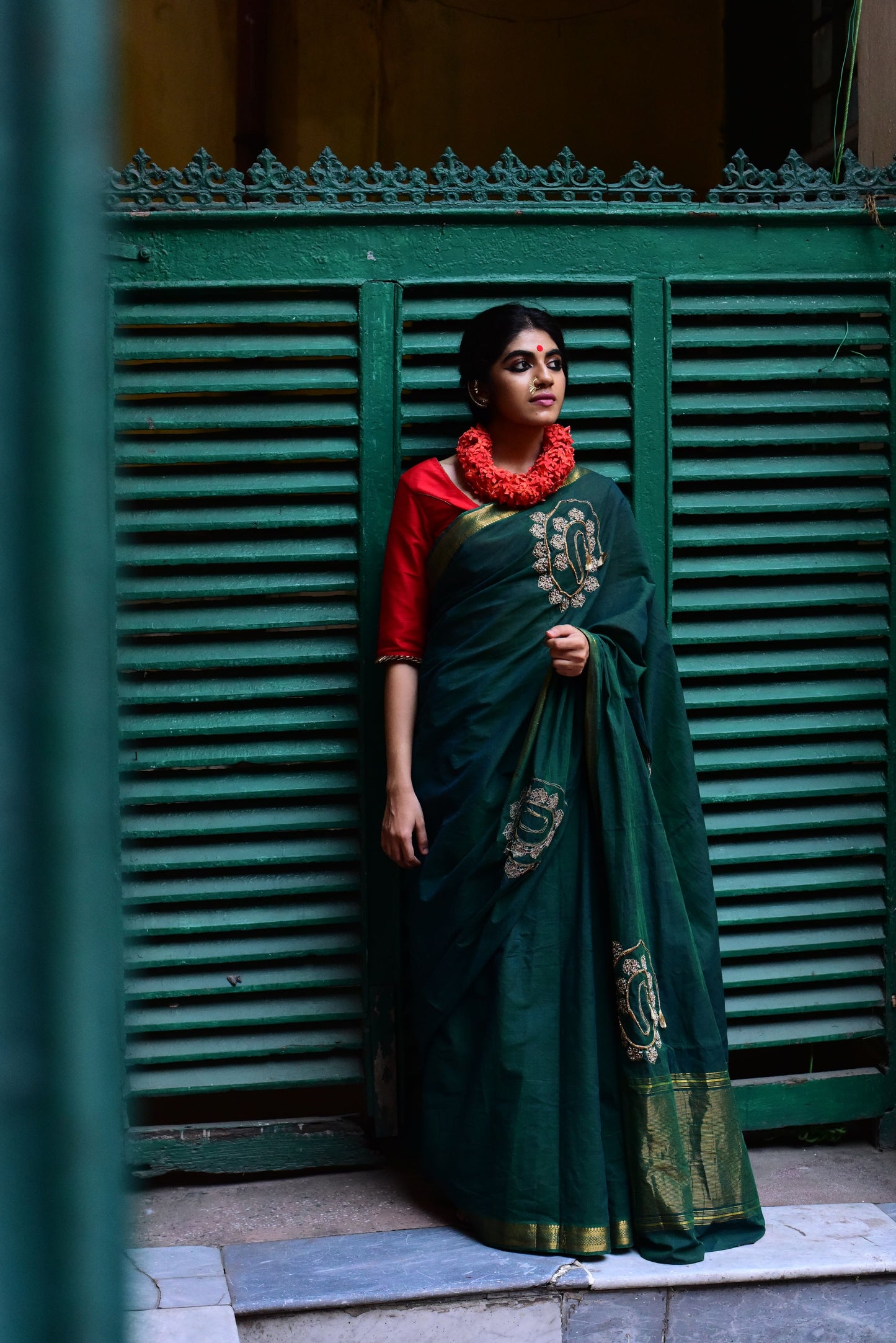 Green Cotton Mangalgiri with Necklace